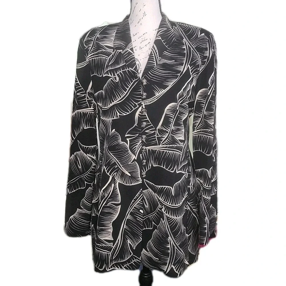 Dana Buchman 100% Silk Black/Cream Leaf Print Blazer Jacket Size 4 Luxury Career